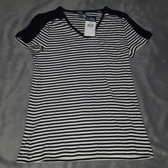 CHAPS BLACK & WHITE STRIPED V NECK TOP ~ NEW - Picture 3 of 5